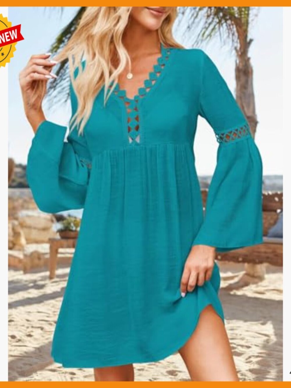 Women's Long Bell Sleeve Lace Coverup Loose Fit V Neck Swimwear - Picture 2 of 7